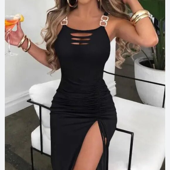 Chic Me Black Ladder cutout Slit Gold Buckle Ruched bodycon Dress, Size Medium - Picture 1 of 16